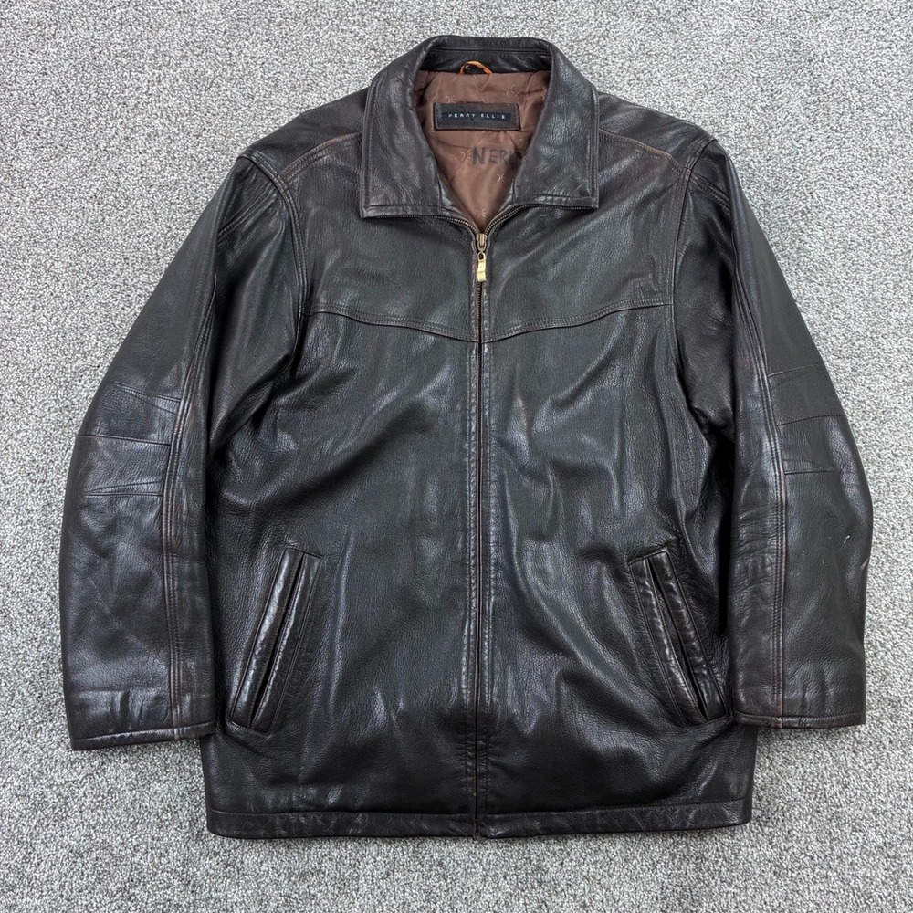 Perry Ellis Leather Jacket Mens‎ Large Dark Brown Full Zip Classic Quilted Lined